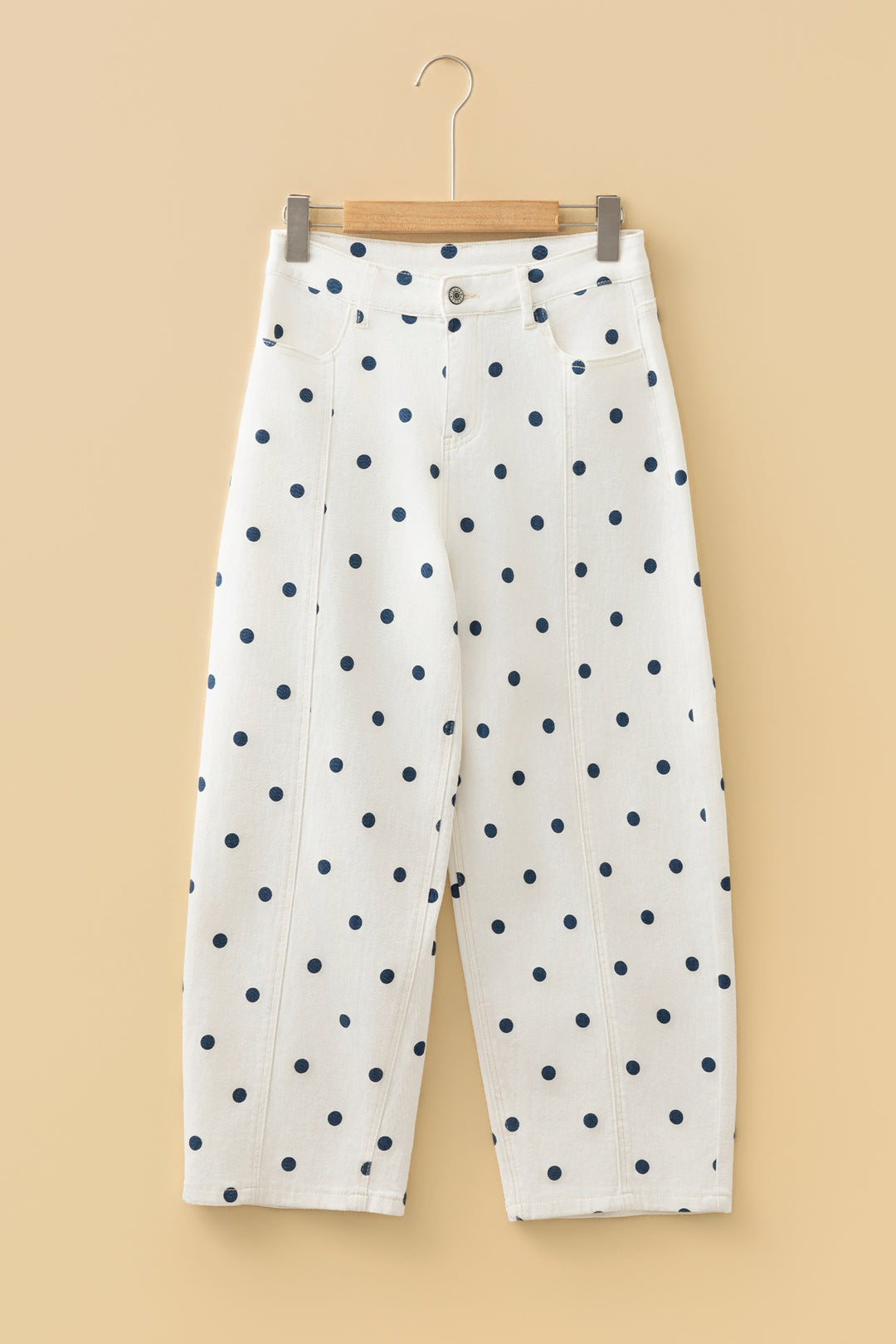 Pink Polka Dot Print Seam Detail Barrel Jeans