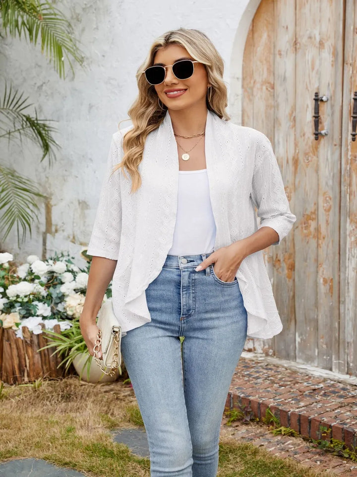Eyelet Open Front Three-Quarter Sleeve Top