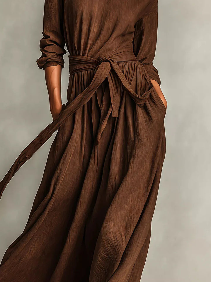 Full Size Long Sleeve Tie Waist Maxi Dress Plus Size
