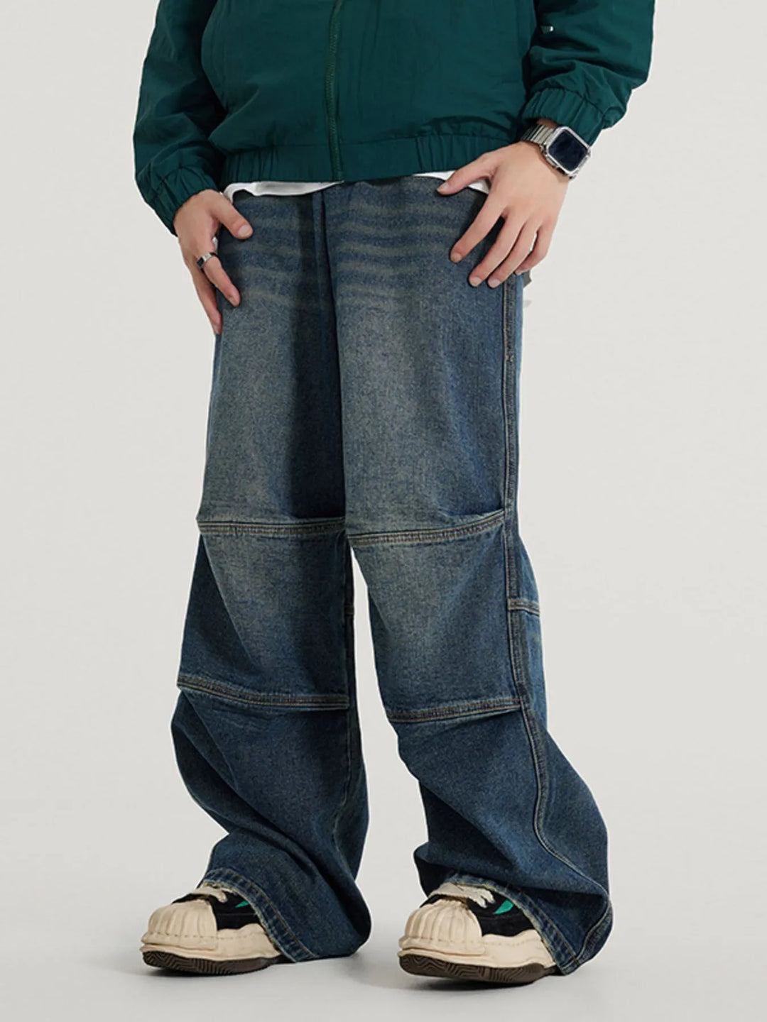Men's Vintage Wide Leg Utility Jeans with Multi-Panel Design