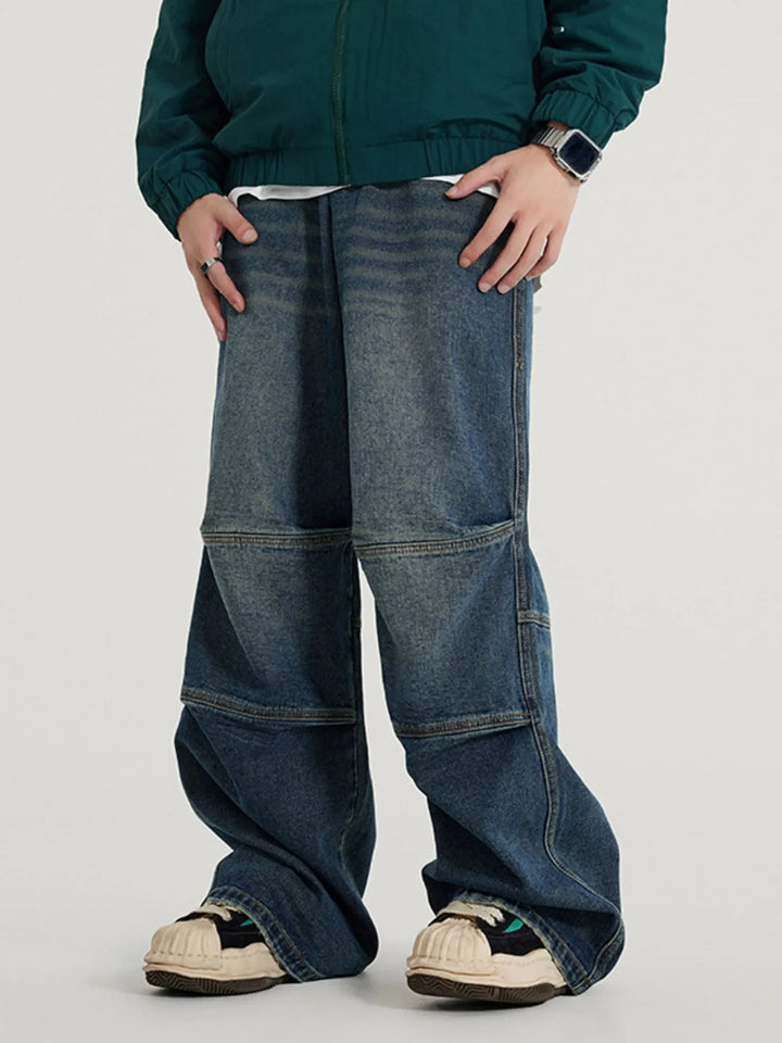 Men's Vintage Wide Leg Utility Jeans with Multi-Panel Design