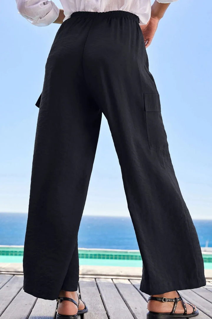 Drawstring Frilled Waist Wide Leg Utility Trousers
