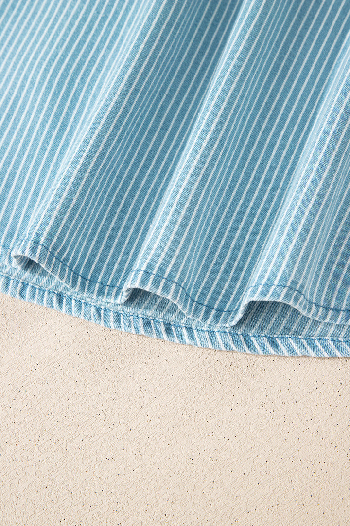Sky Blue Stripe Cuffed Short Sleeve Button up Loose Shirt
