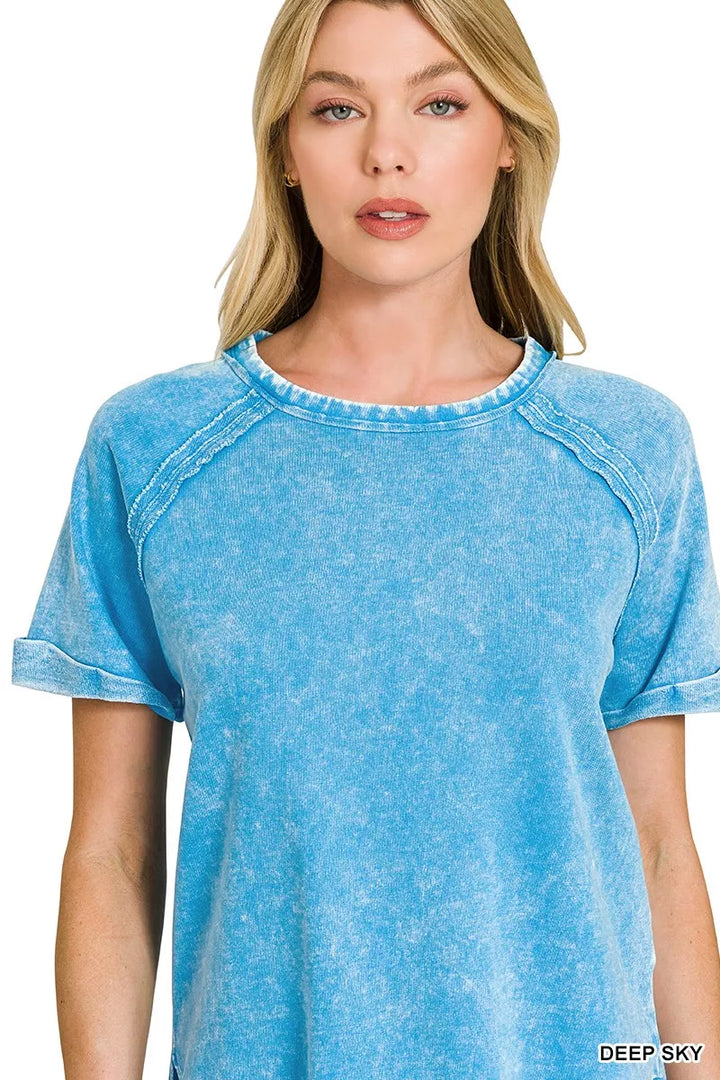 Zenana French Terry Washed Curved Hem Top