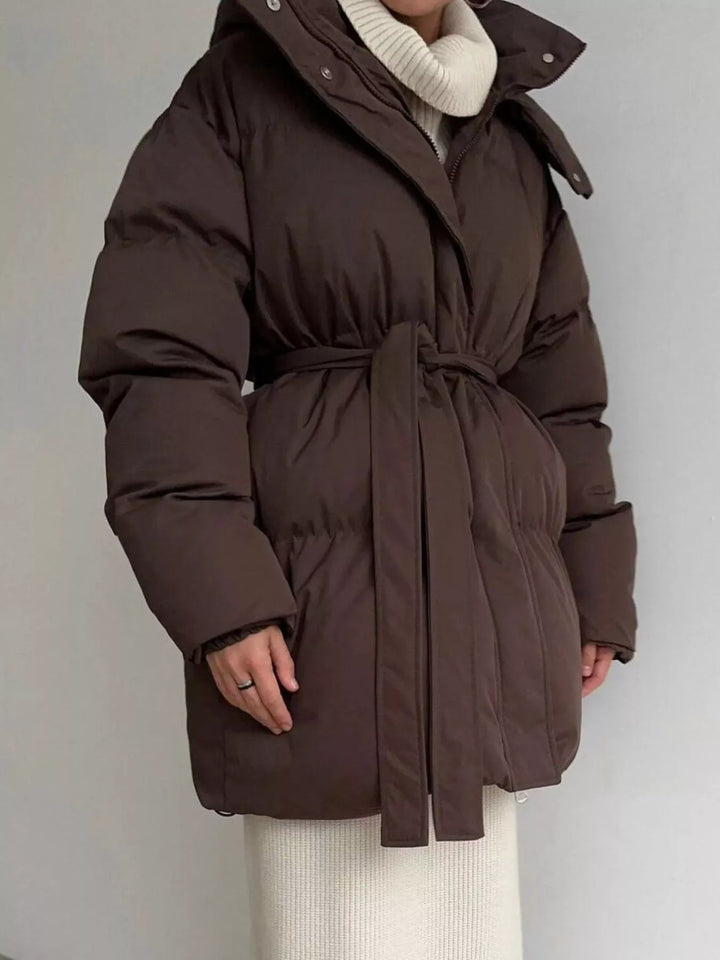 Mid-Length Thickened Hooded Winter Coat with Belted