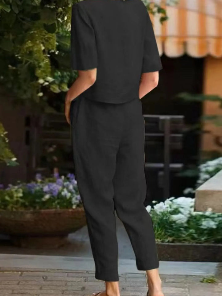 Full Size Round Neck Short Sleeve Top and Pants Set Plus Size