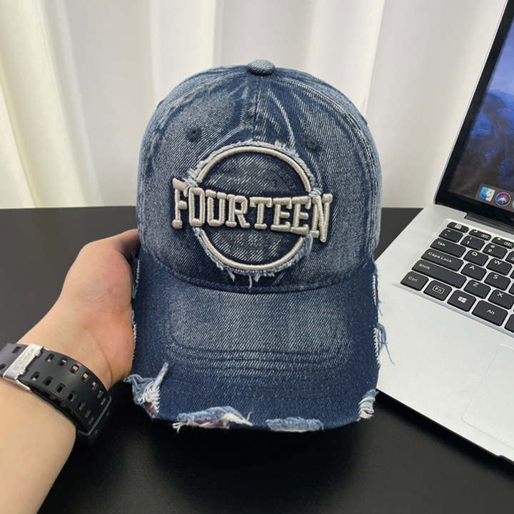 Monochromatic Individuality Frayed Letter Embroidery Washed-out Vintage Trend Fashion Holey Brim Baseball Cap Street Travel