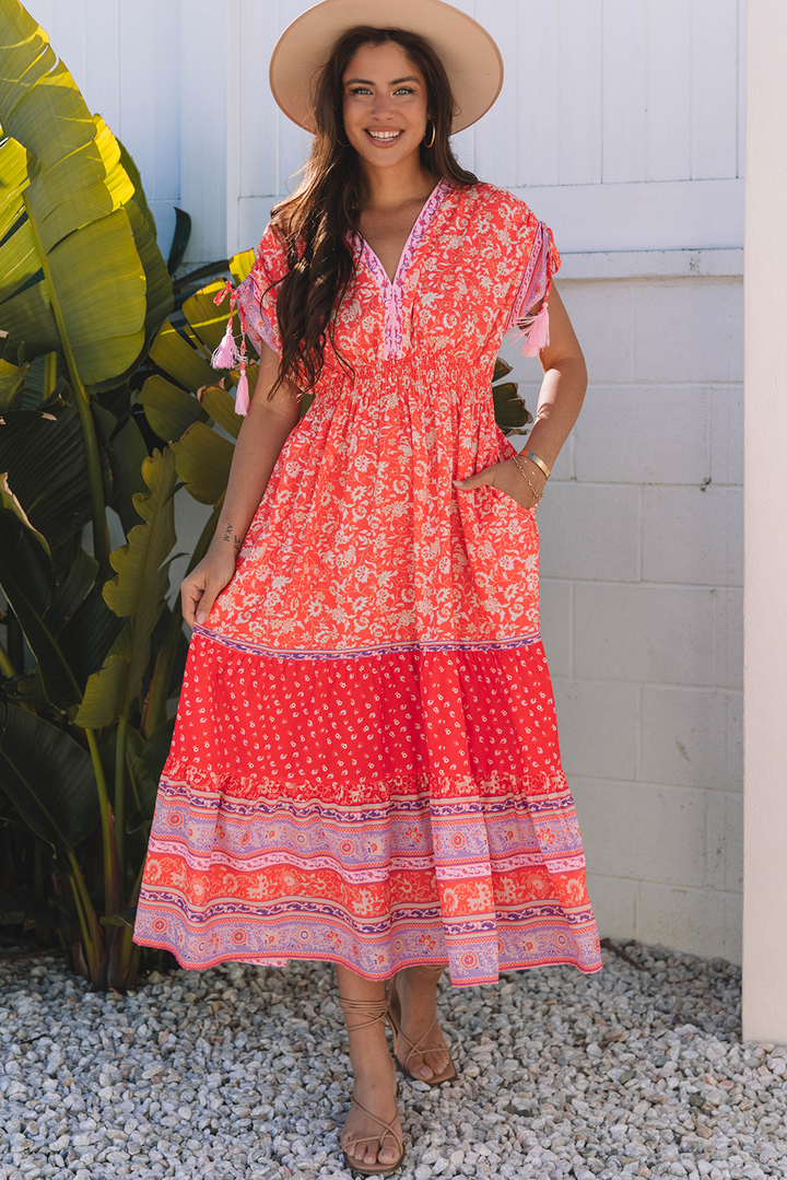 Red Floral Print Tasseled Tied Sleeve Empire Waist Maxi Dress