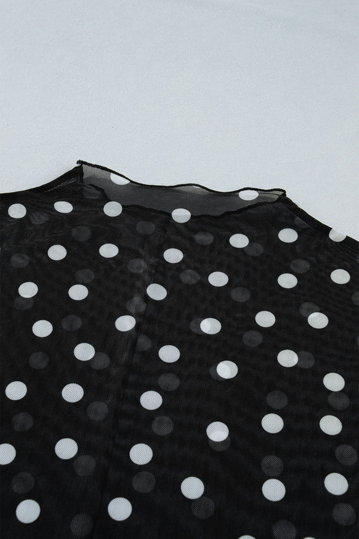 Black Plus Size Mock Neck Polka Dot Long Sleeve Mesh Top