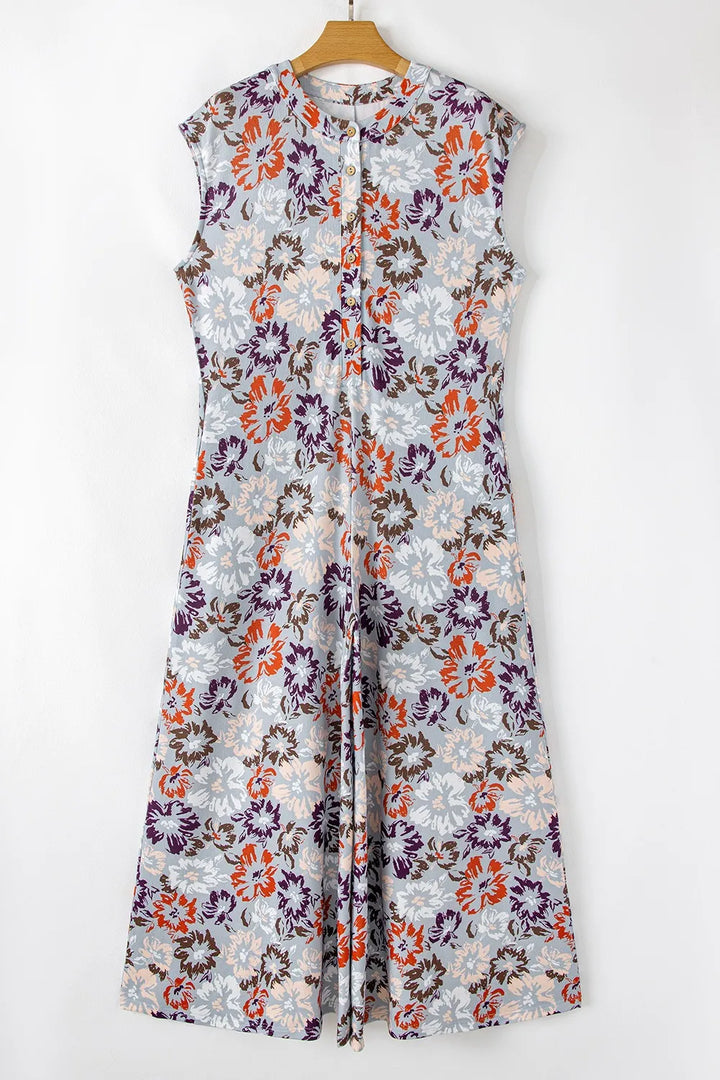 Floral Sleeveless Button Front Wide Leg Jumpsuit