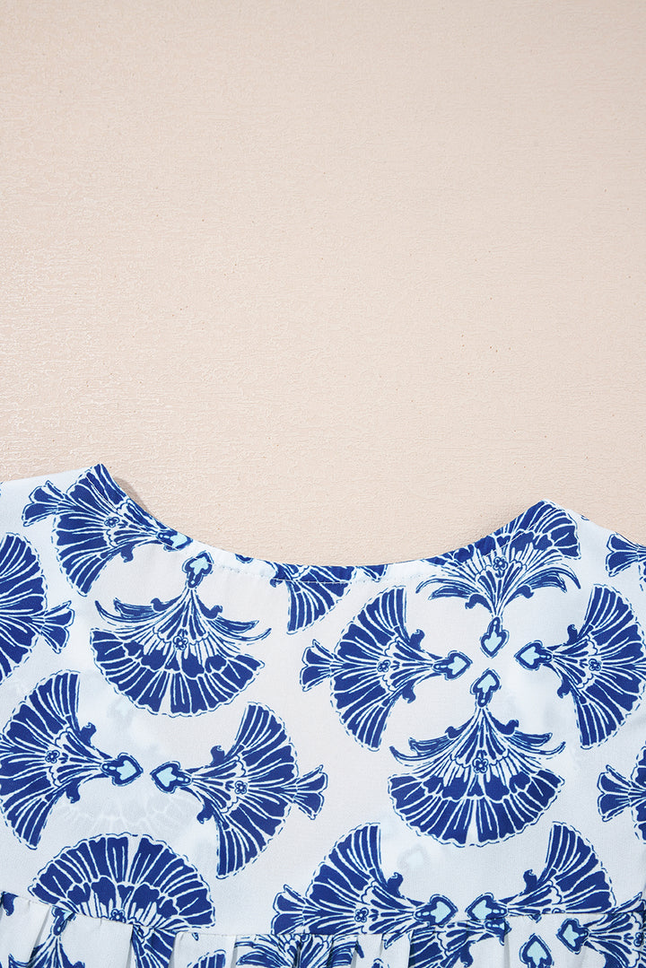 Sky Blue Geometric Print Tassel Drawstring V Neck Blouse