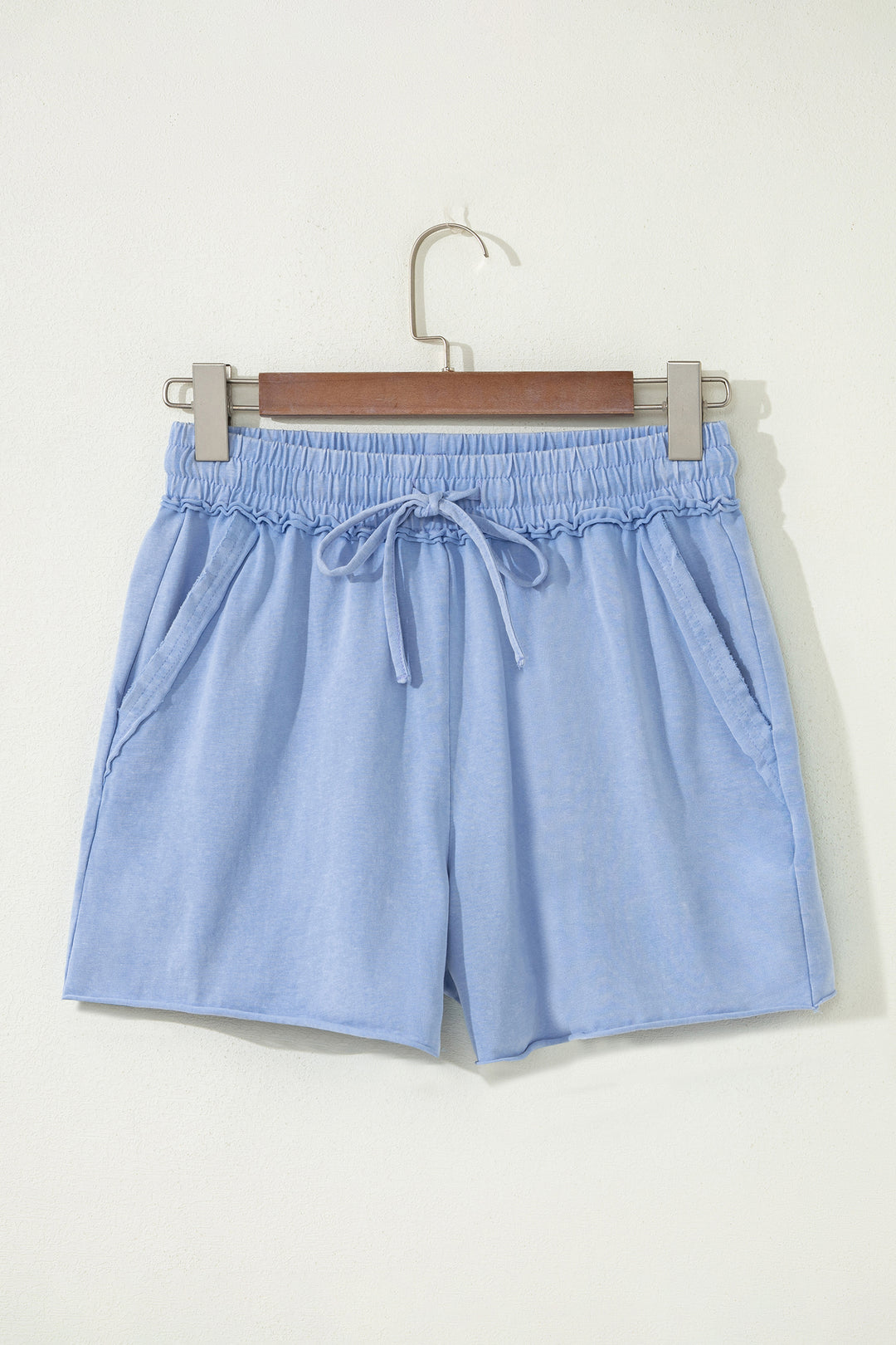 Sky Blue Mineral Washed Drawstring Elastic Waist Raw Cut Shorts