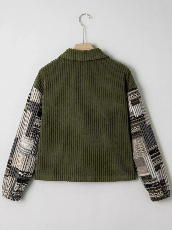 Ribbed Fleece Plaid Print Patchwork Button Up Jacket