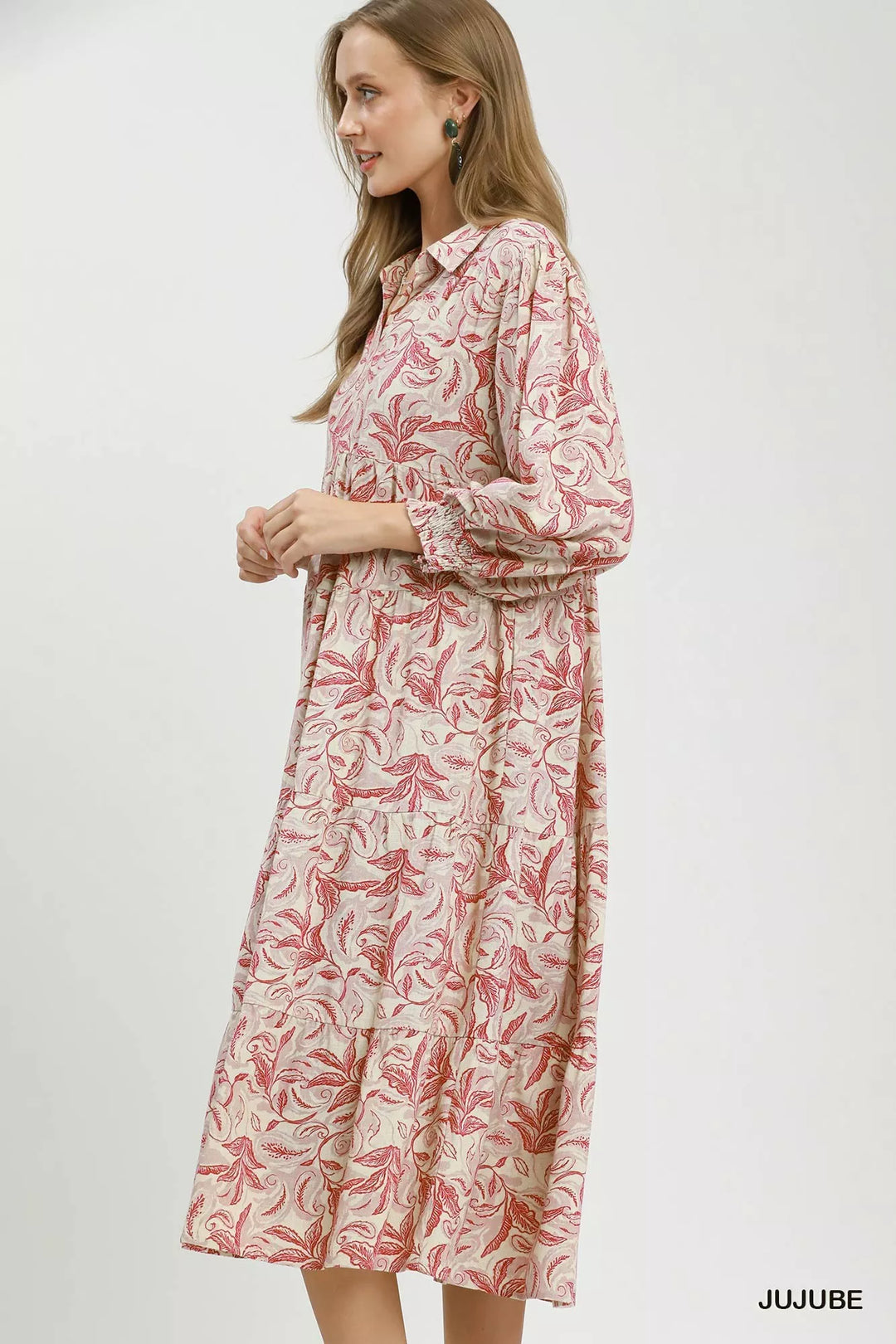 Umgee Linen Botanical Print Tiered Midi Dress