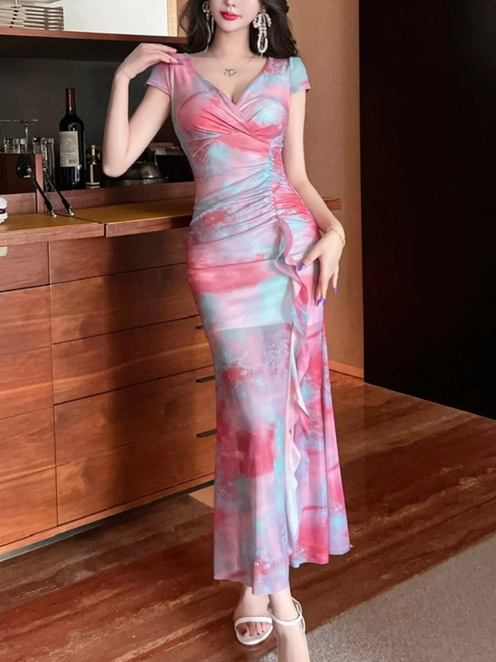 Tie-Dye Surplice Ruffle Slit Dress
