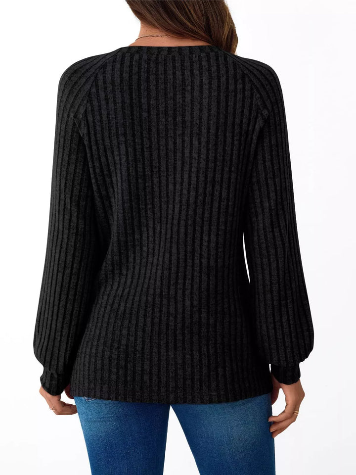 Ribbed Knit Decor Button Long Sleeve T-Shirt