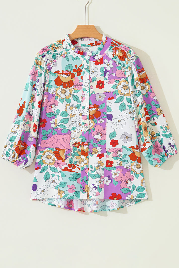 Pink Floral Print Patchwork Frilly Neckline Long Sleeve Shirt