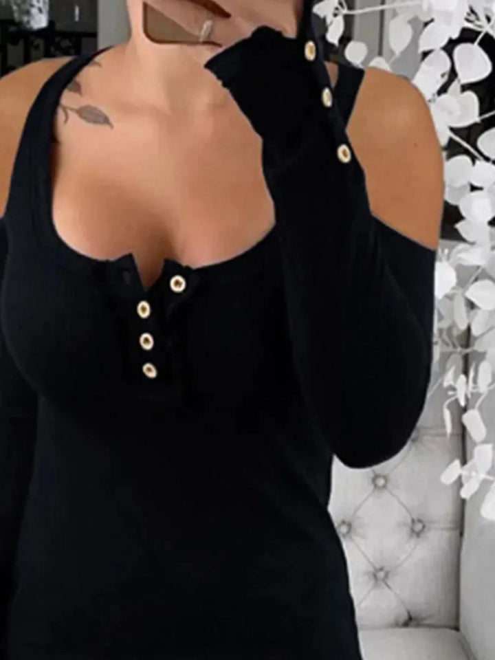 Cold Shoulder Ribbed Henley T-Shirt with Button Detail