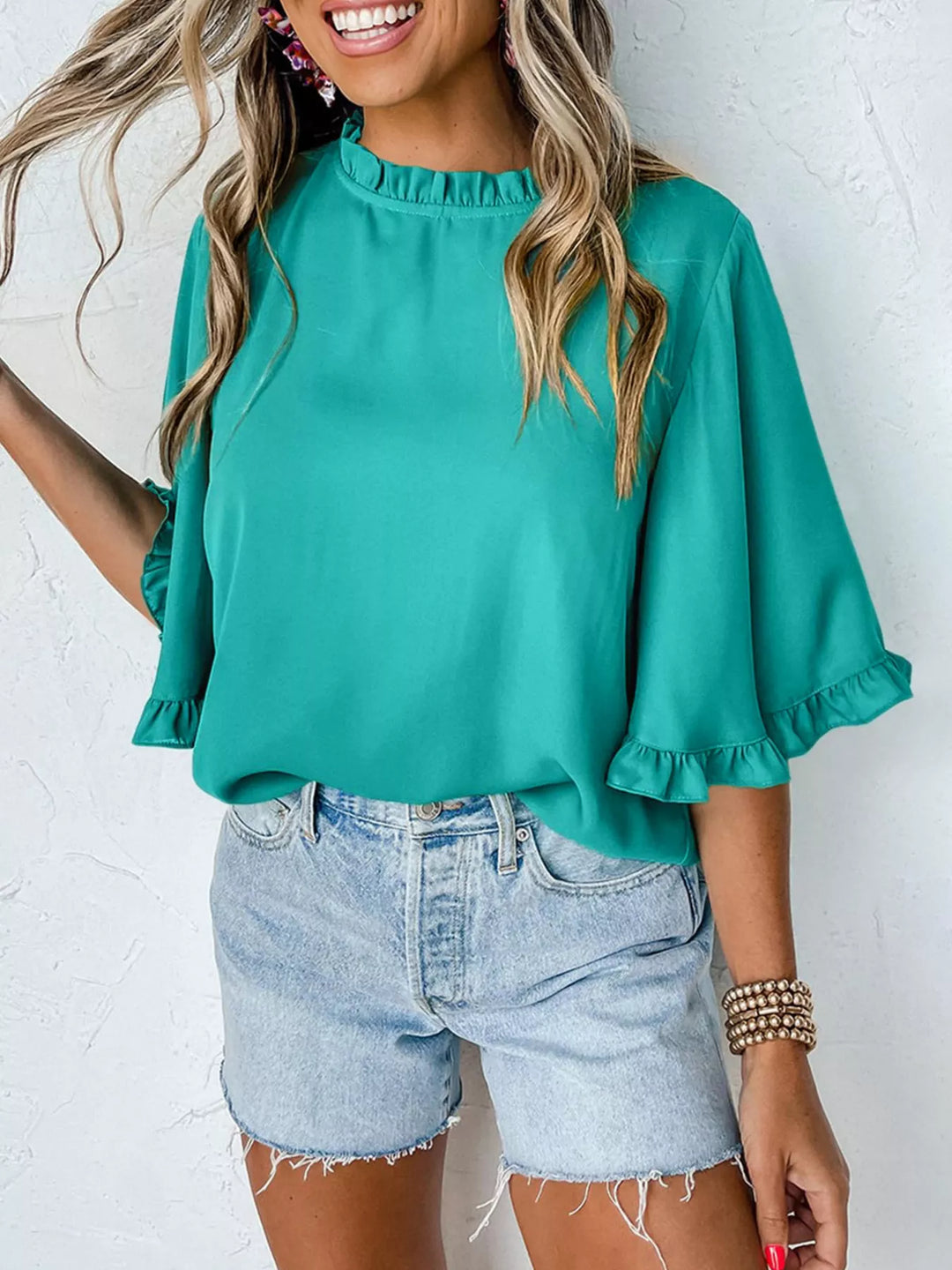Ruffle Trim Half Sleeve Blouse