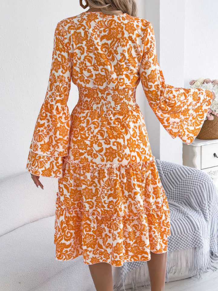Floral Print Smocked Ruffle Hem Flared Sleeve Dress