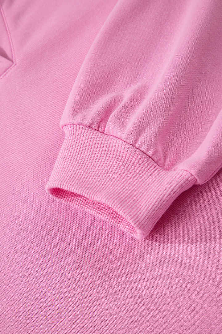 Bright Pink Polo Collar V Neck Pullover and Drawstring Sweatpants Set