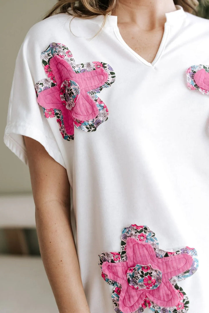 Floral Applique Notched Dolman Sleeve Top