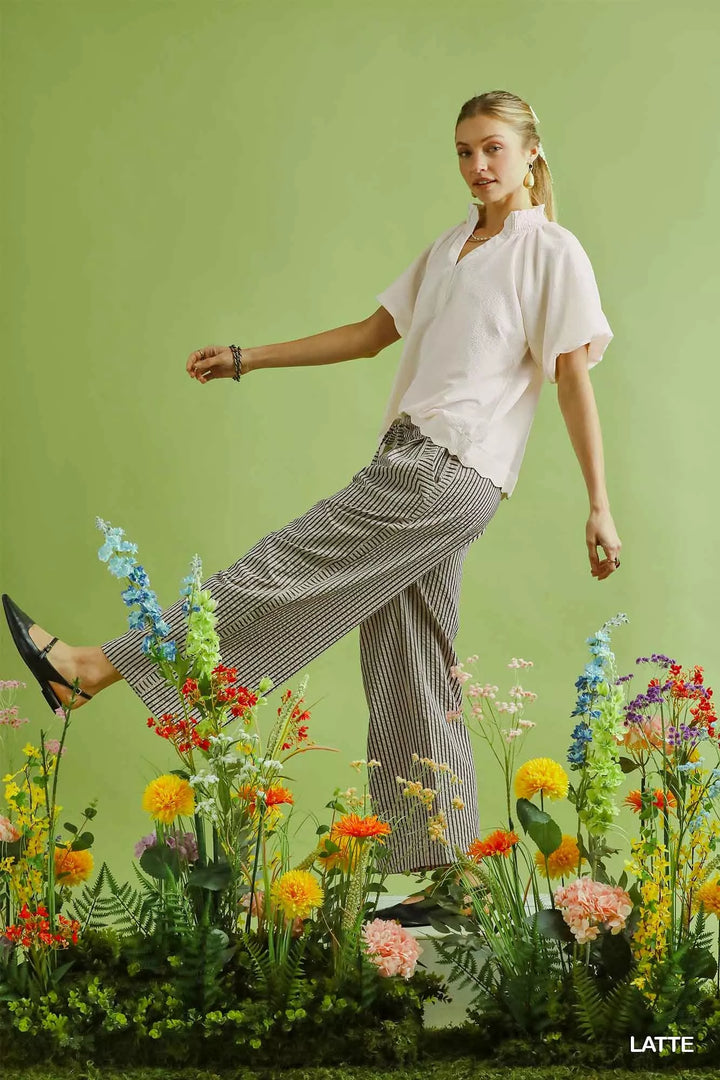 Umgee Drawstring Striped Wide-Leg Pants