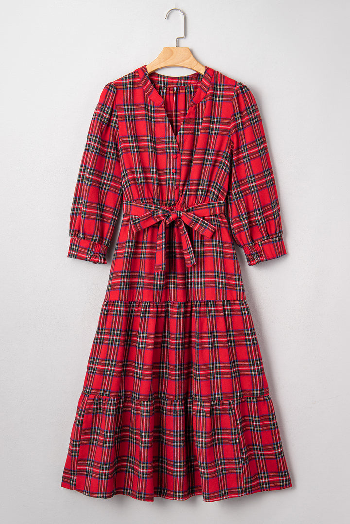 Red Christmas Plaid V Neck 3/4 Sleeve Tie Waist Ruffle Hem Long Dress