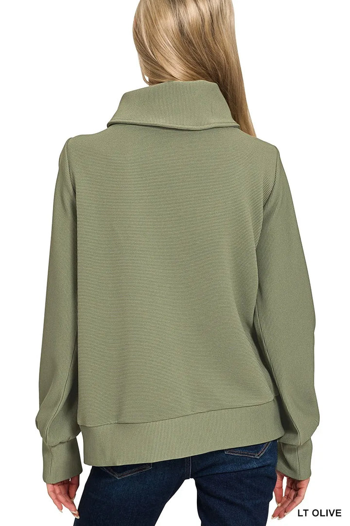 Zenana Ribbed High Neck Half Zip Pullover & Pants Set