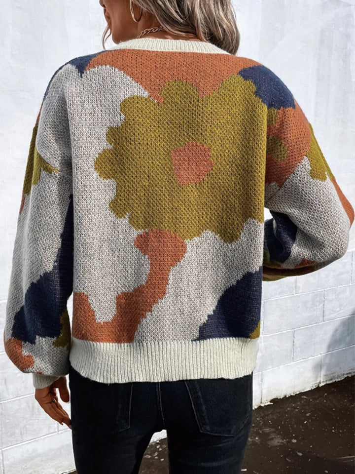 Floral Pattern Round Neck Sweater