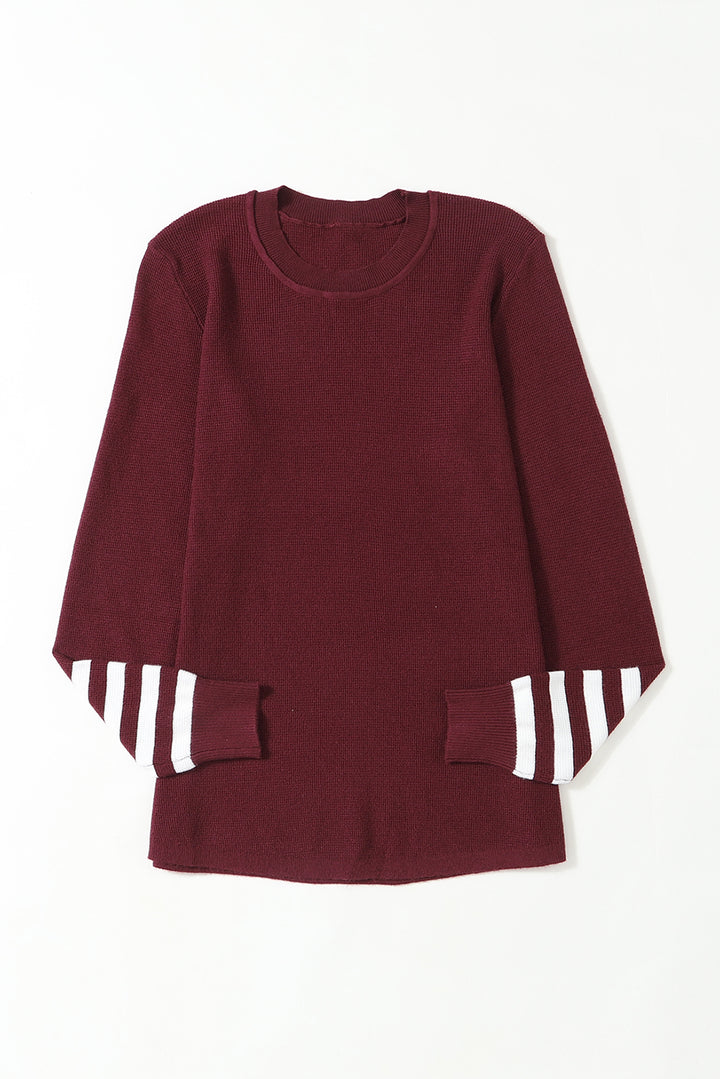 Red Striped Sleeve Plain Knit Sweater