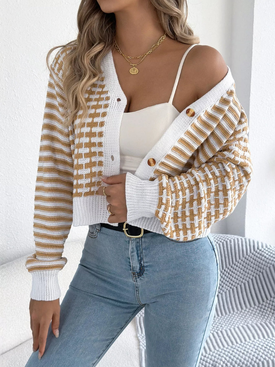 Striped Button-Up Cropped Cardigan