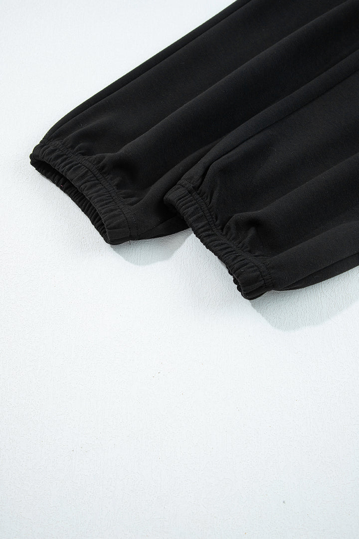 Black Zip Collar Long Sleeve Top Drawstring Pants Set