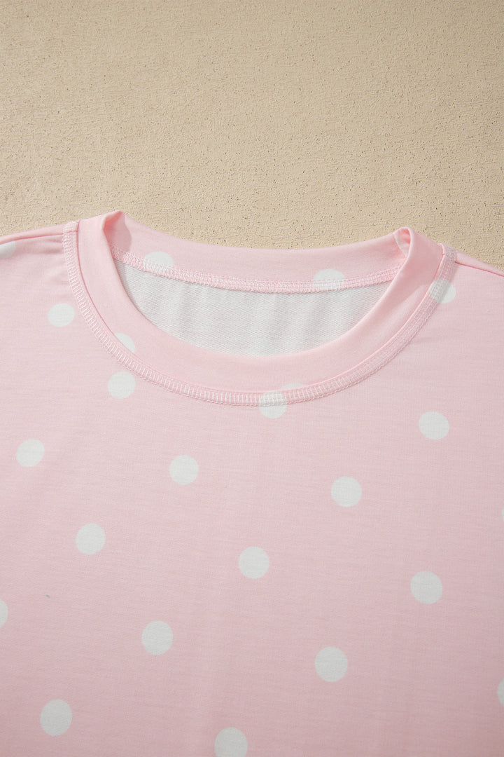 Pink Exposed Seam Detail Polka Dot Loose Tee Drawstring Shorts Set