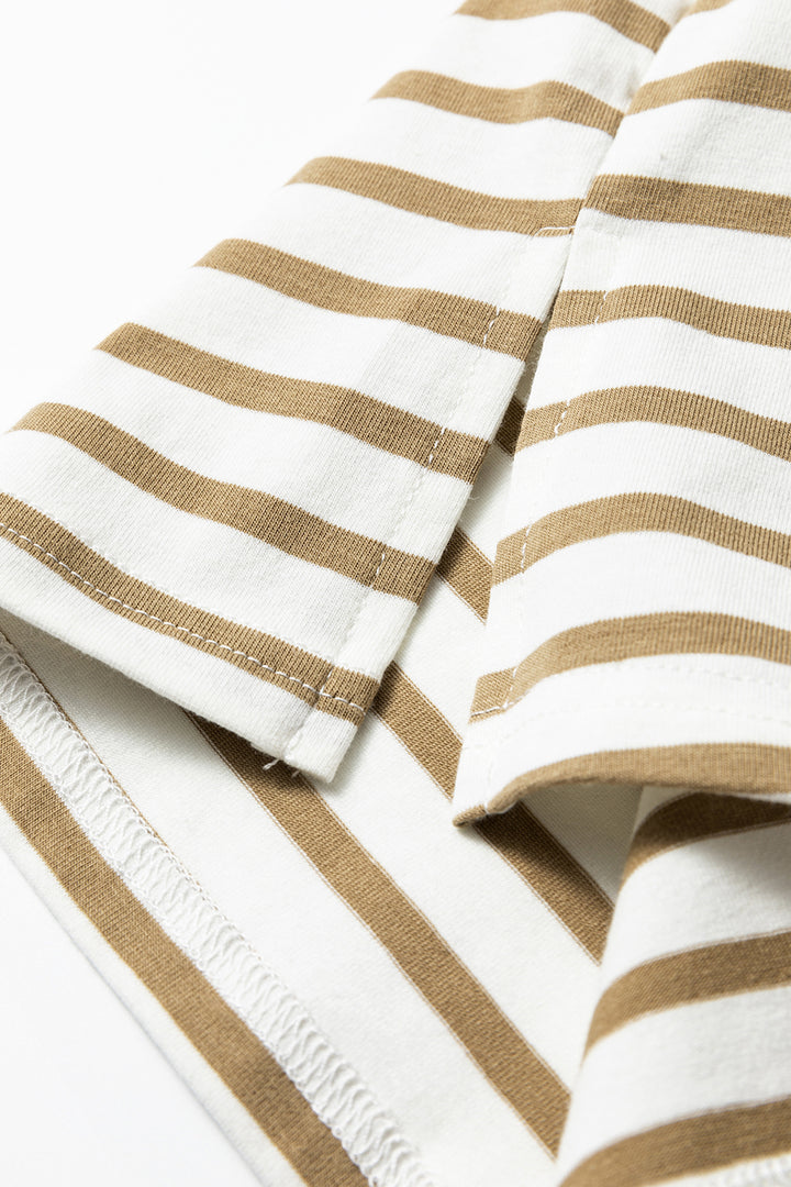 Khaki Stripe Leopard Patchwork Round Neck Loose T Shirt
