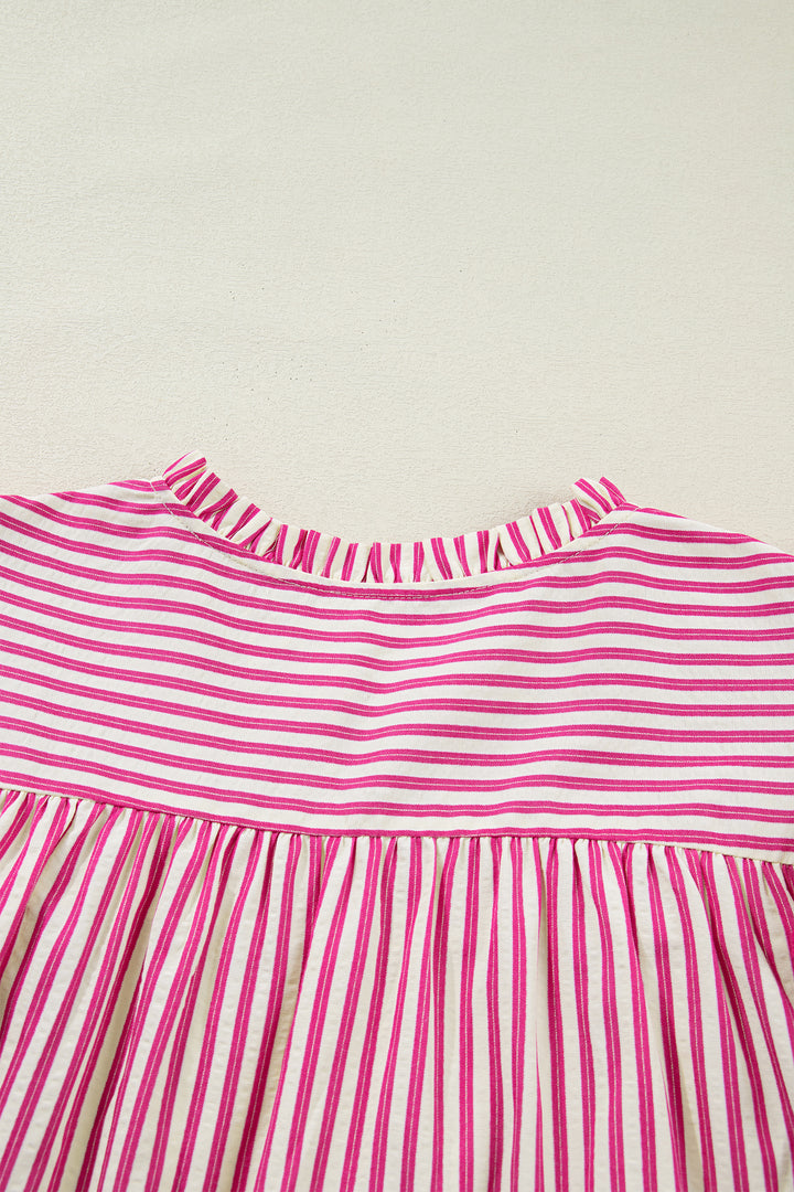 Rose Stripe Shirred Yoke Ruffled Short Sleeve Blouse