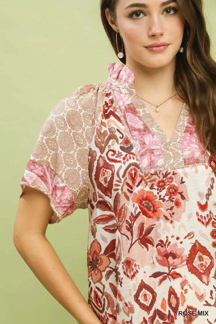 Umgee Mixed Print V-Neck Short Sleeve Top