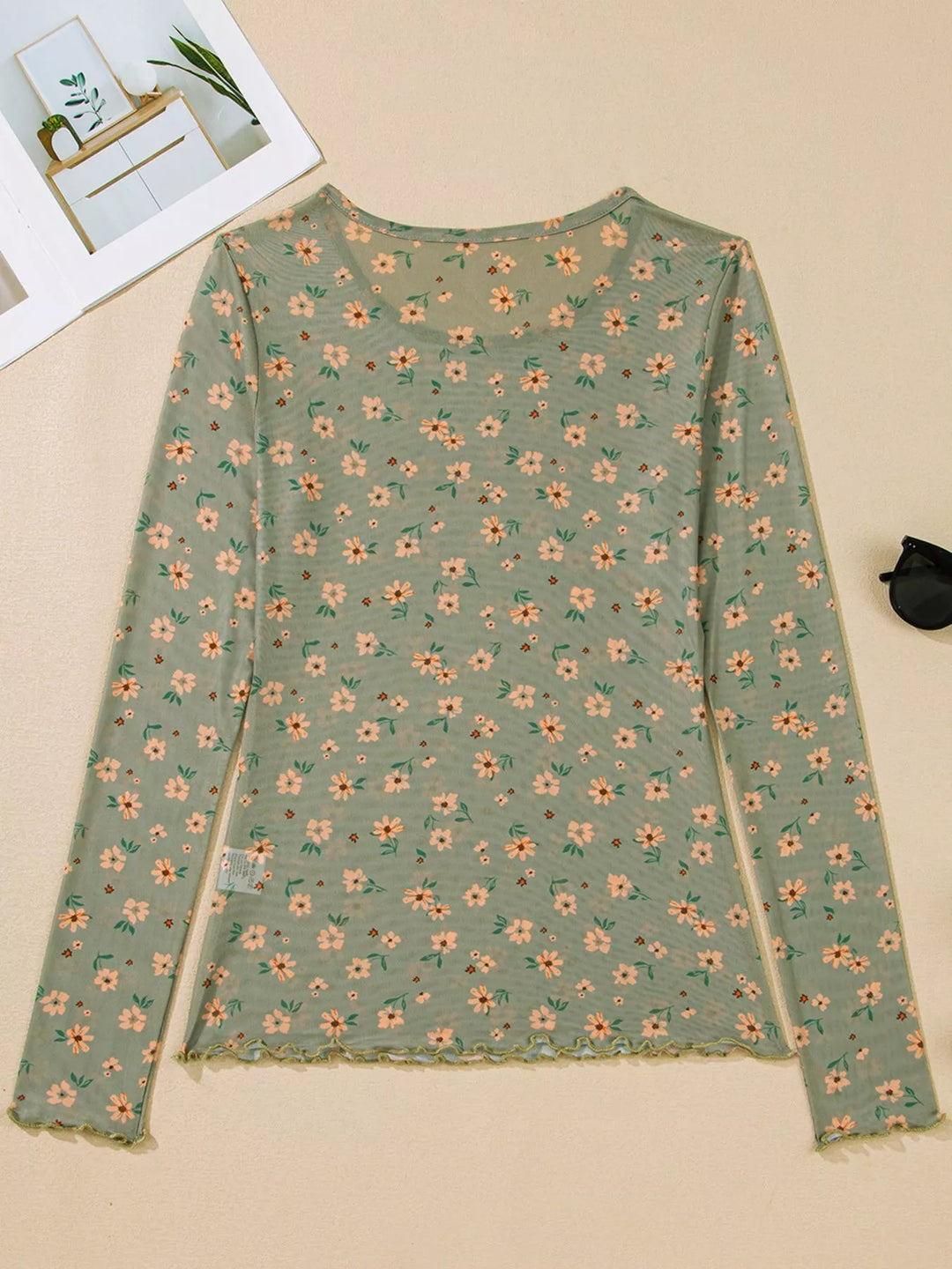 Floral Print Mesh Long Sleeve Top
