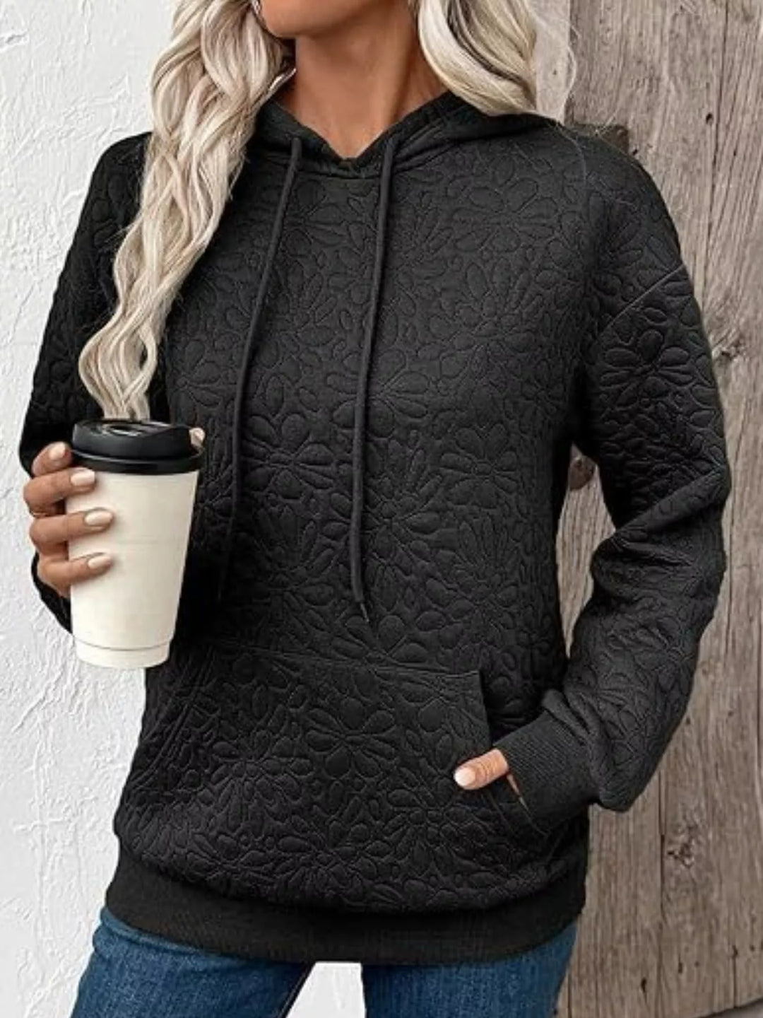 Textured Floral Quilted Hoodie