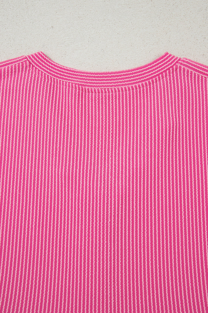 Bright Pink Spiral Ribbed Short Sleeve V Neck Buttoned Romper with Pocket