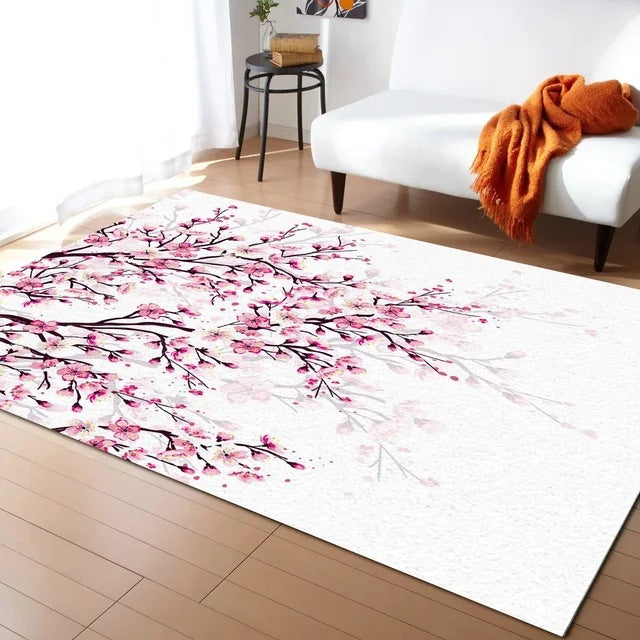 Pastel Cherry Blossom And Crescent Moon Non-Slip Flannel Floor Mat Home Rug Decoration