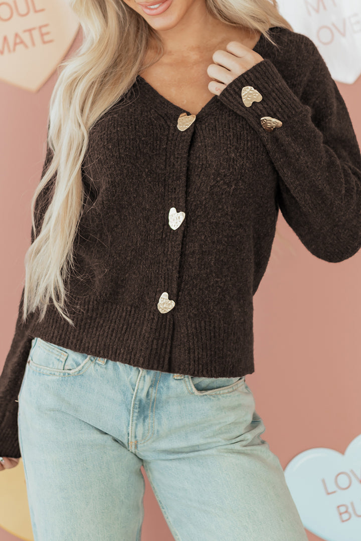 Chicory Coffee Heart Metal Button V Neck Cardigan Sweater