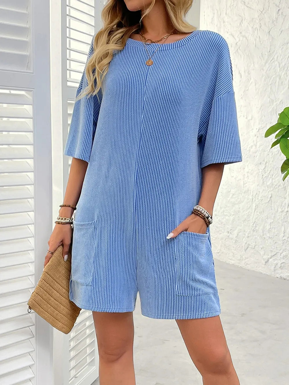 Backless Textured Round Neck Half Sleeve Romper