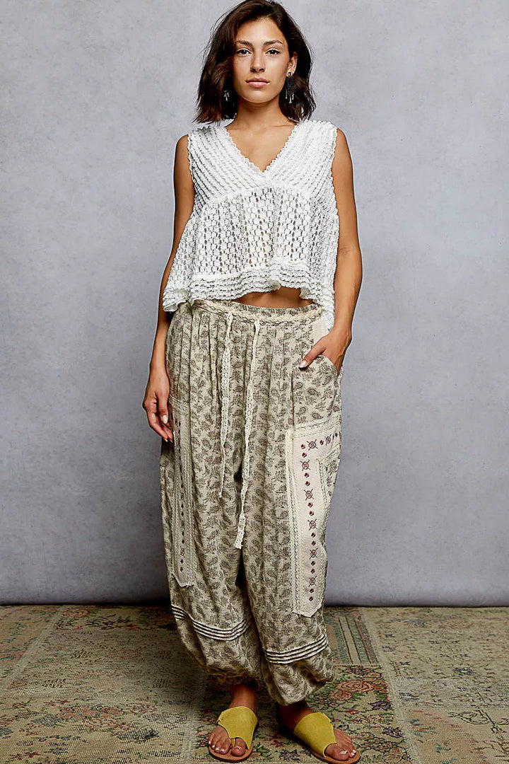 POL Textured Lace Cropped Tank with Trim Detail