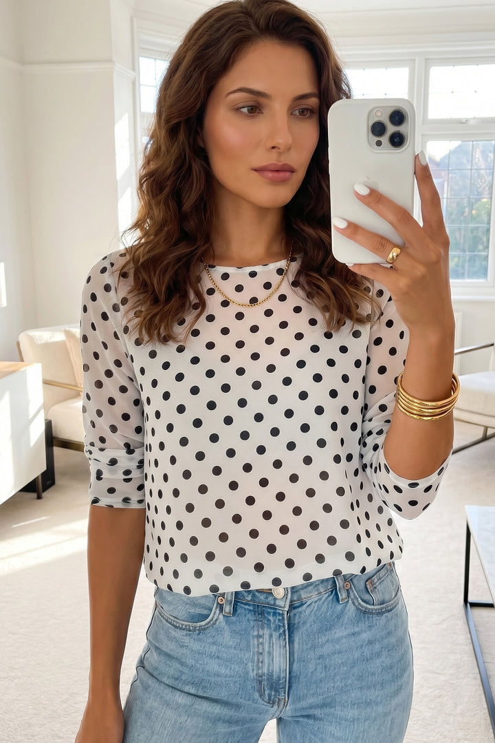 Black Polka Dot Sheer Mesh Long Sleeve Round Neck Shift Top