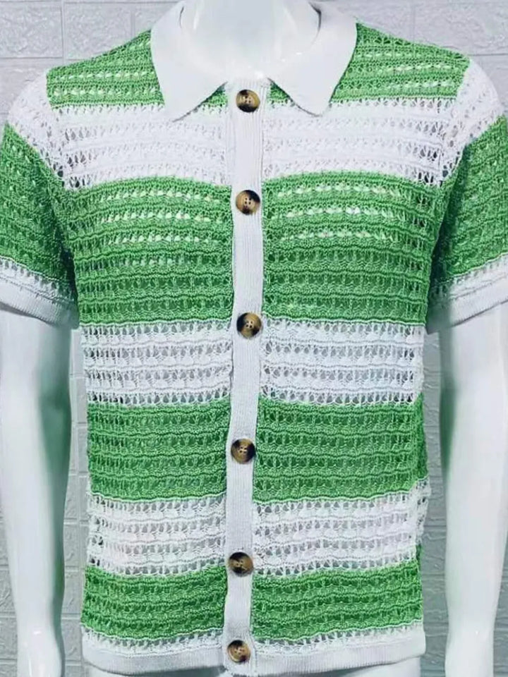 Men's Button Down Collared Neck Contrast Openwork Shirt