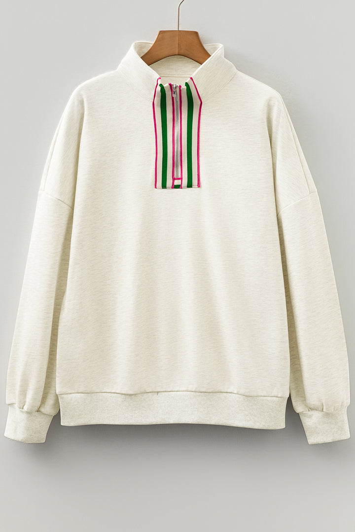 Light Grey Contrast Striped Patchwork Zip Collar Pullover Sweatshirt