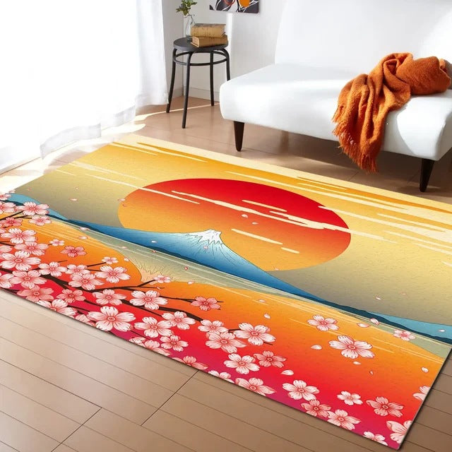 Pastel Cherry Blossom And Crescent Moon Non-Slip Flannel Floor Mat Home Rug Decoration
