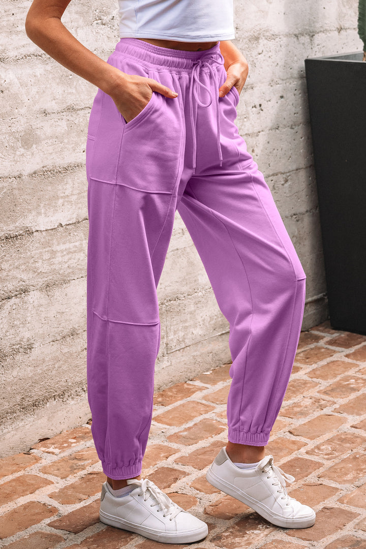 Lilac Drawstring Elastic Waistband Solid Color Jogger Pants