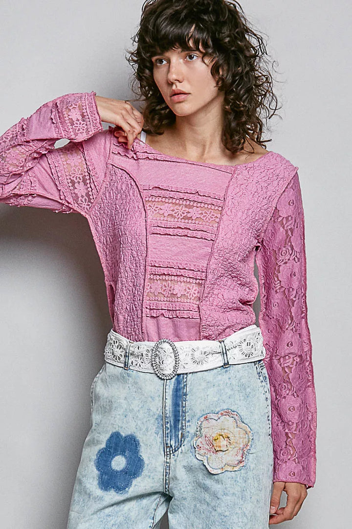 POL Round Neck Long Sleeve Exposed Seam Top with Lace Detail